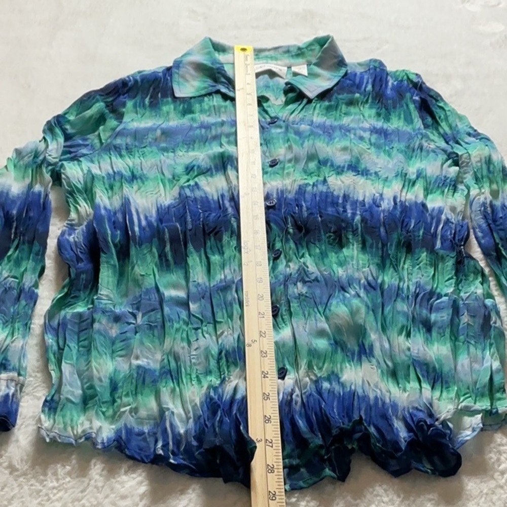 Chico's Blue and Green Ruched Button Down SunBlouse - Picture 2 of 5